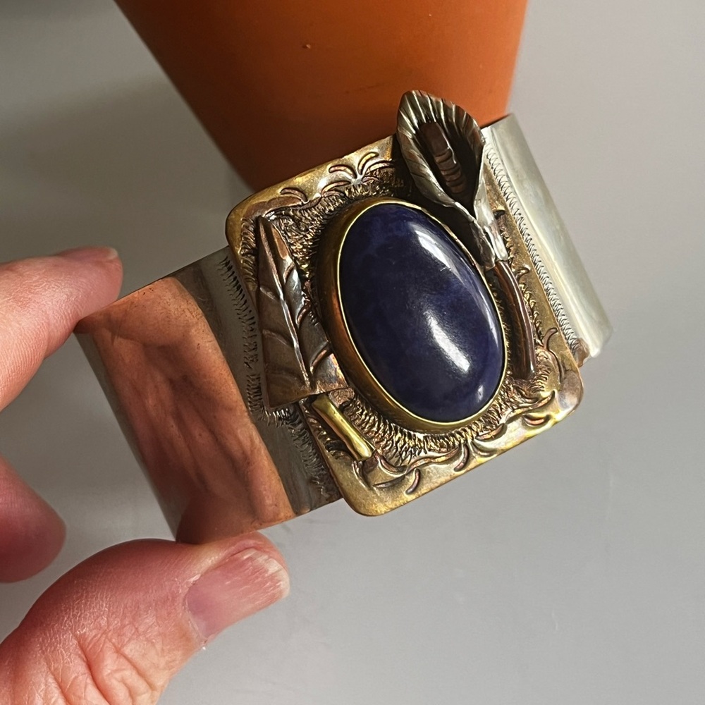 Vintage Silver Lapis Stone Cuff Bracelet Mexican